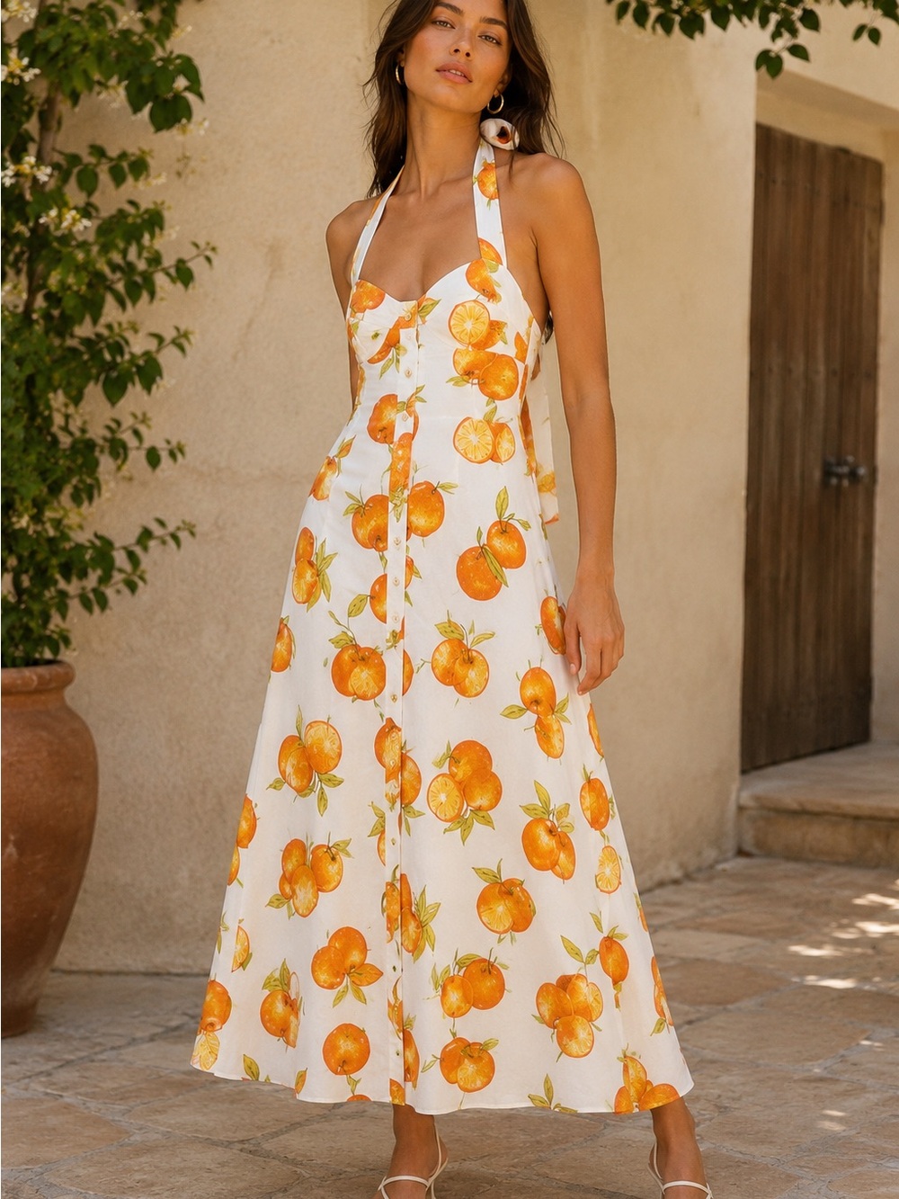 Zara Citrus Orange Print Linen Blend Halter Midi Dress NWT Mediterranean Resort